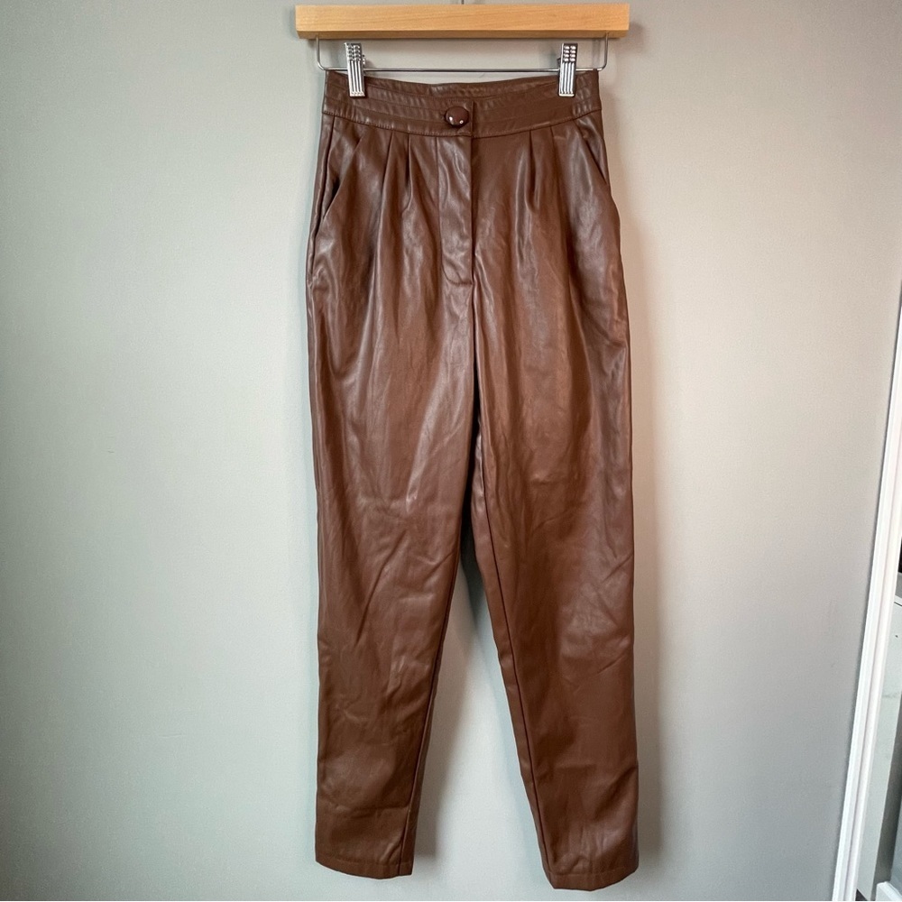 Princess Polly Love Club Vegan Leather Plicated Pants Brown (Sz 0)
